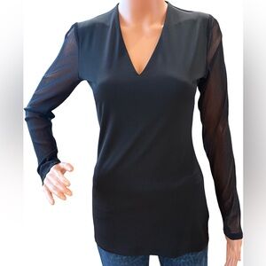 INC International Concepts Black V-Neck Tunic with Sheer Mesh Sleeves